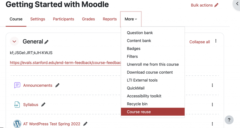 Screenshot of Moodle settings under the More tab with Course Reuse selected